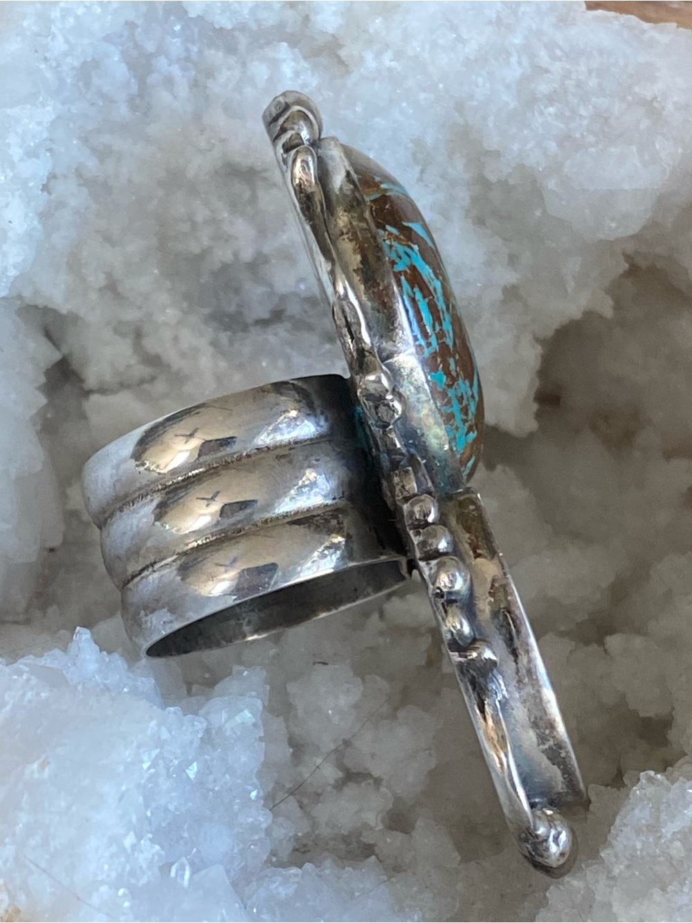 Fossil Ammonite & Turquoise Sterling Statement Ring - Picture 5 of 8